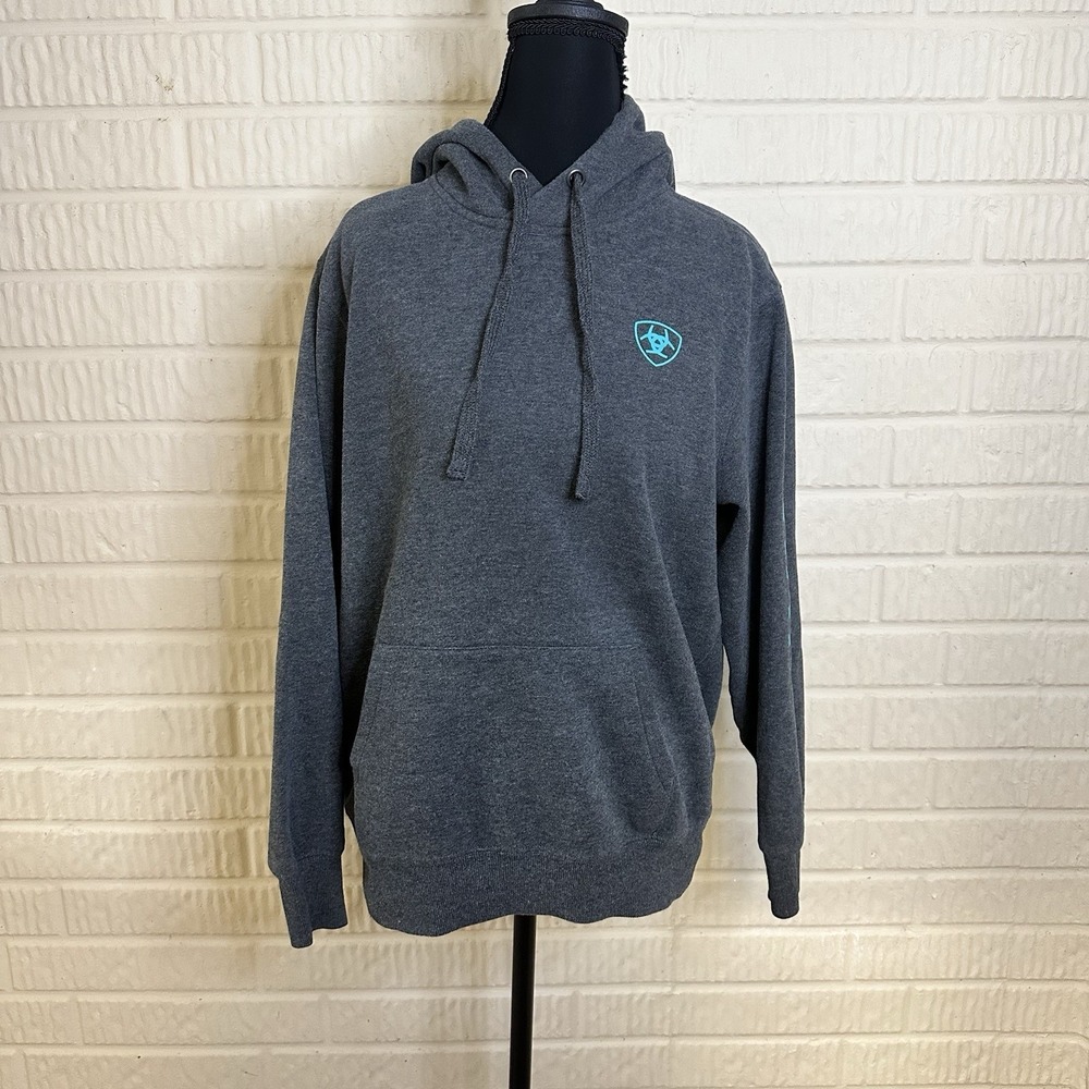 Ariat Sweatshirt Womens Sz S REAL Hoodie Spellout Sleeve Teal Gray Comfy Western